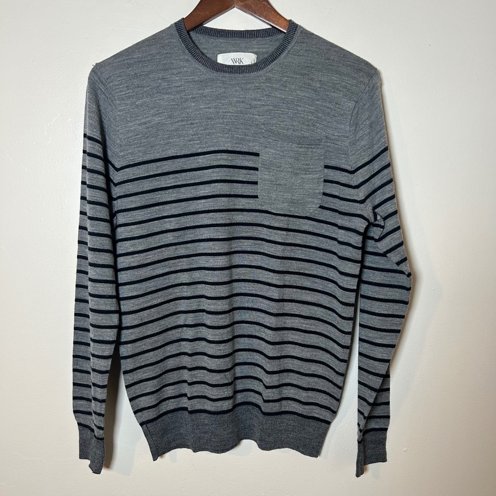 WRK Sweater Mens Medium Grey Blue Striped 100% Wool Crewneck‎ Pocket Pullover